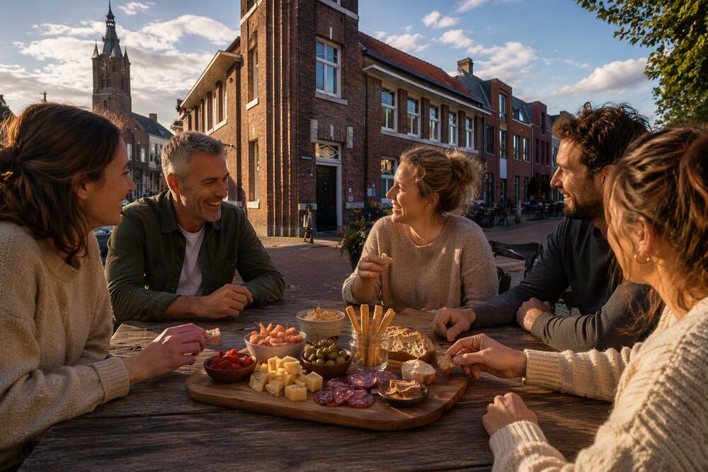 Deze afbeelding is gemaakt met AI. Mensen genieten van een borrelplank op het nieuwe pleintje.