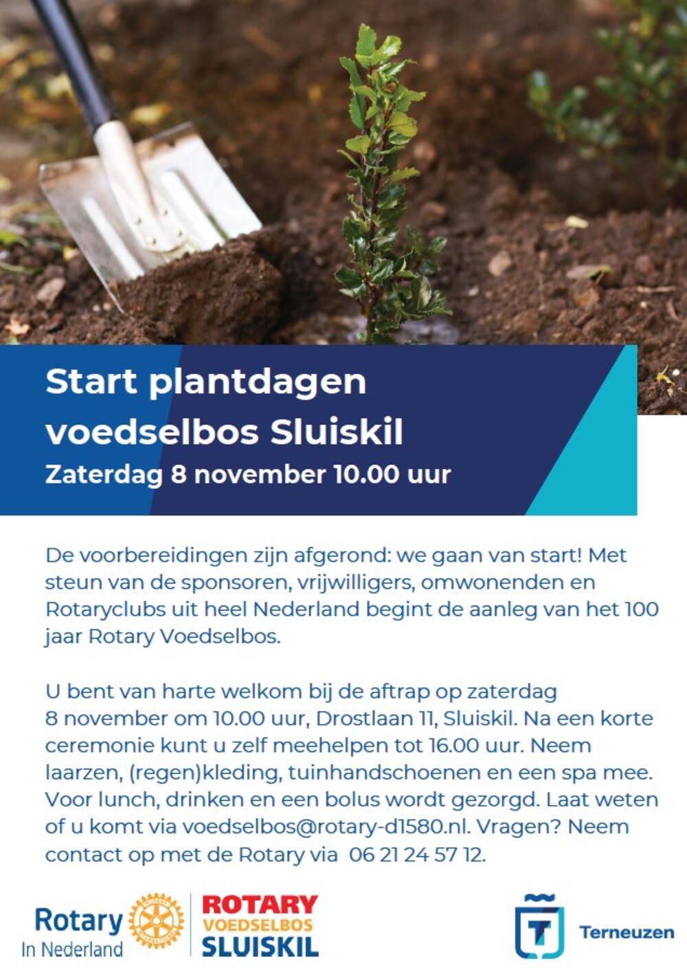 Uitnodiging zaterdag 8 november 2025, 1ste plantdag 100 jaar Rotary voedselbos Sluiskil